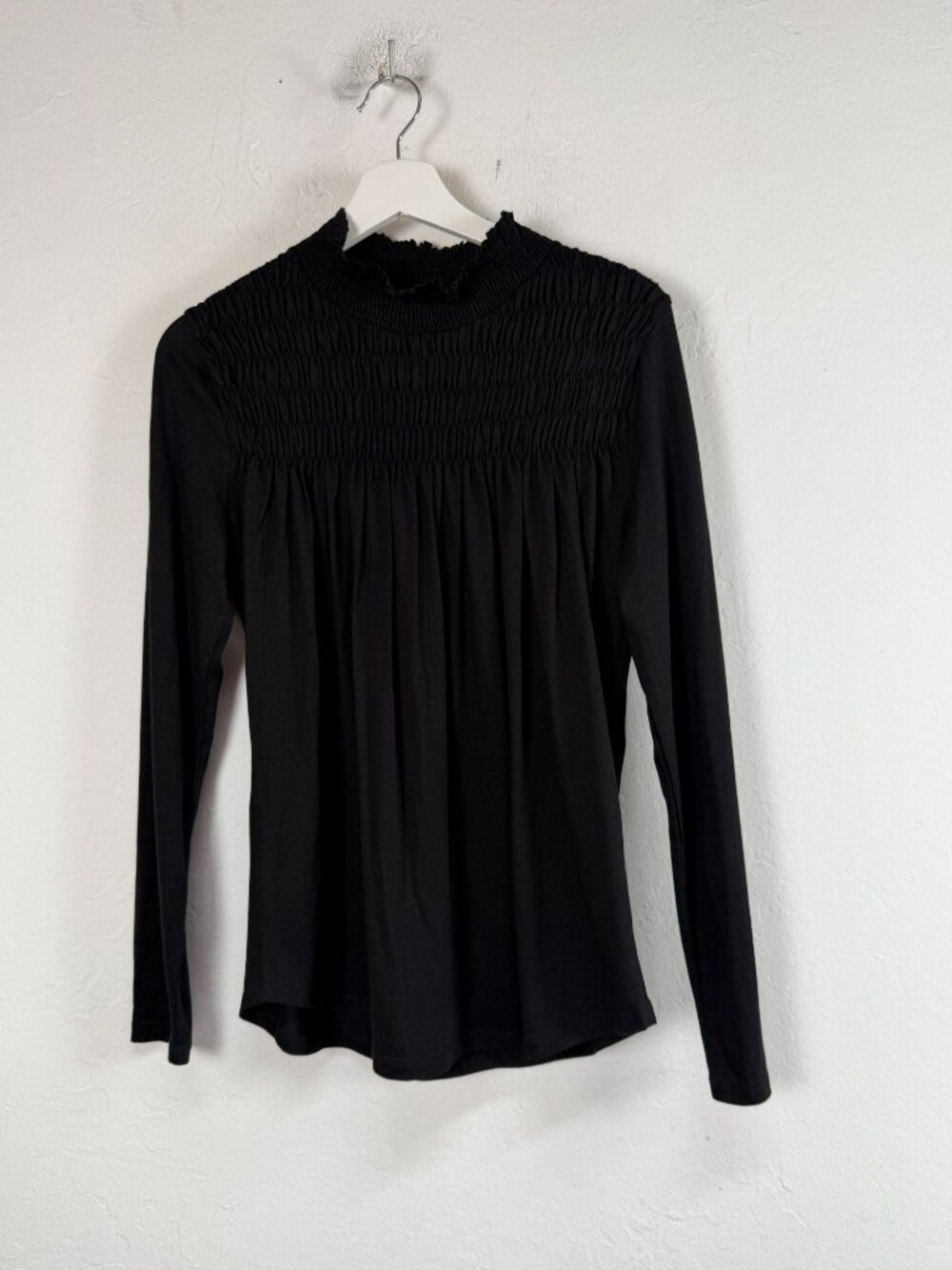 Sundance Womens Small Black Smocked Mock Neck Long Sleeve Top Blouse Ruffle Trim